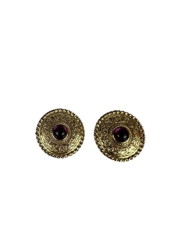 Givenchy Vintage Gold Tone Shield Earrings with Faux Amethyst Clip On Earrings