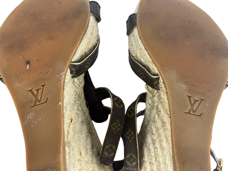 Louis Vuitton Monogram/Metallic Espadrille Wedge Sandals, Size 36 EU/6 US