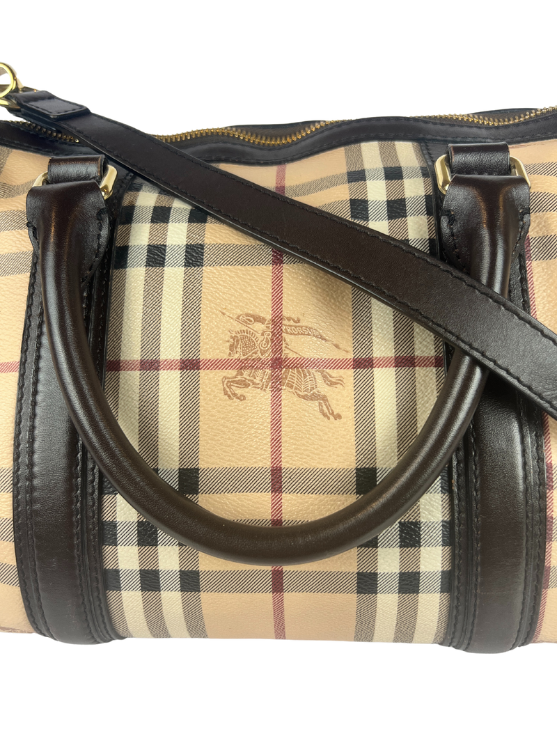 Burberry Chocolate Leather Haymarket Check Coated Canvas Alchester Medium Bowling Bag