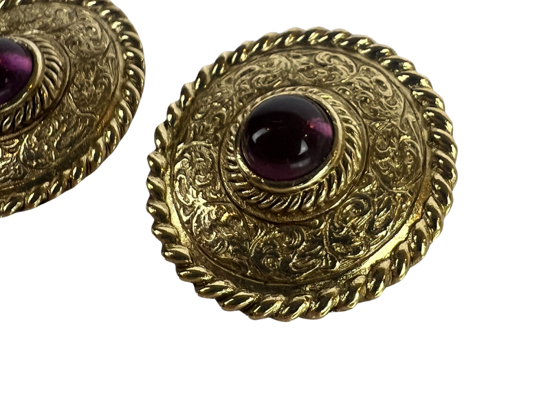 Givenchy Vintage Gold Tone Shield Earrings with Faux Amethyst Clip On Earrings