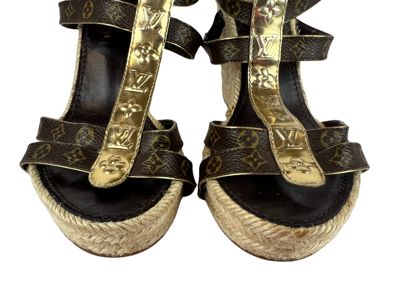 Louis Vuitton Monogram/Metallic Espadrille Wedge Sandals, Size 36 EU/6 US