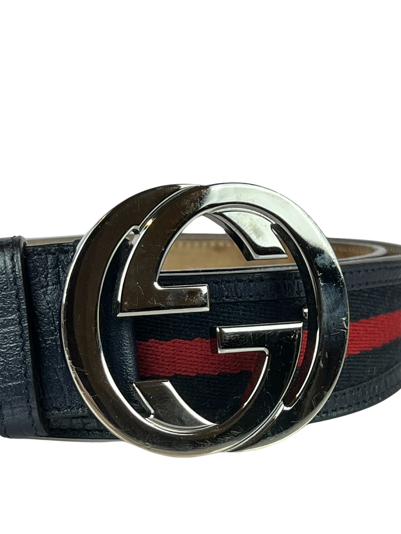 Gucci Navy/Red Canvas Web Interlocking G Belt, Size 85 cm/ 33.5 in