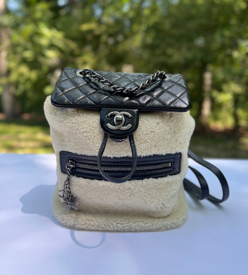 Chanel Quilted Lambskin/Shearling Wool Paris-Salzburg Mountain Small Backpack in Black/White