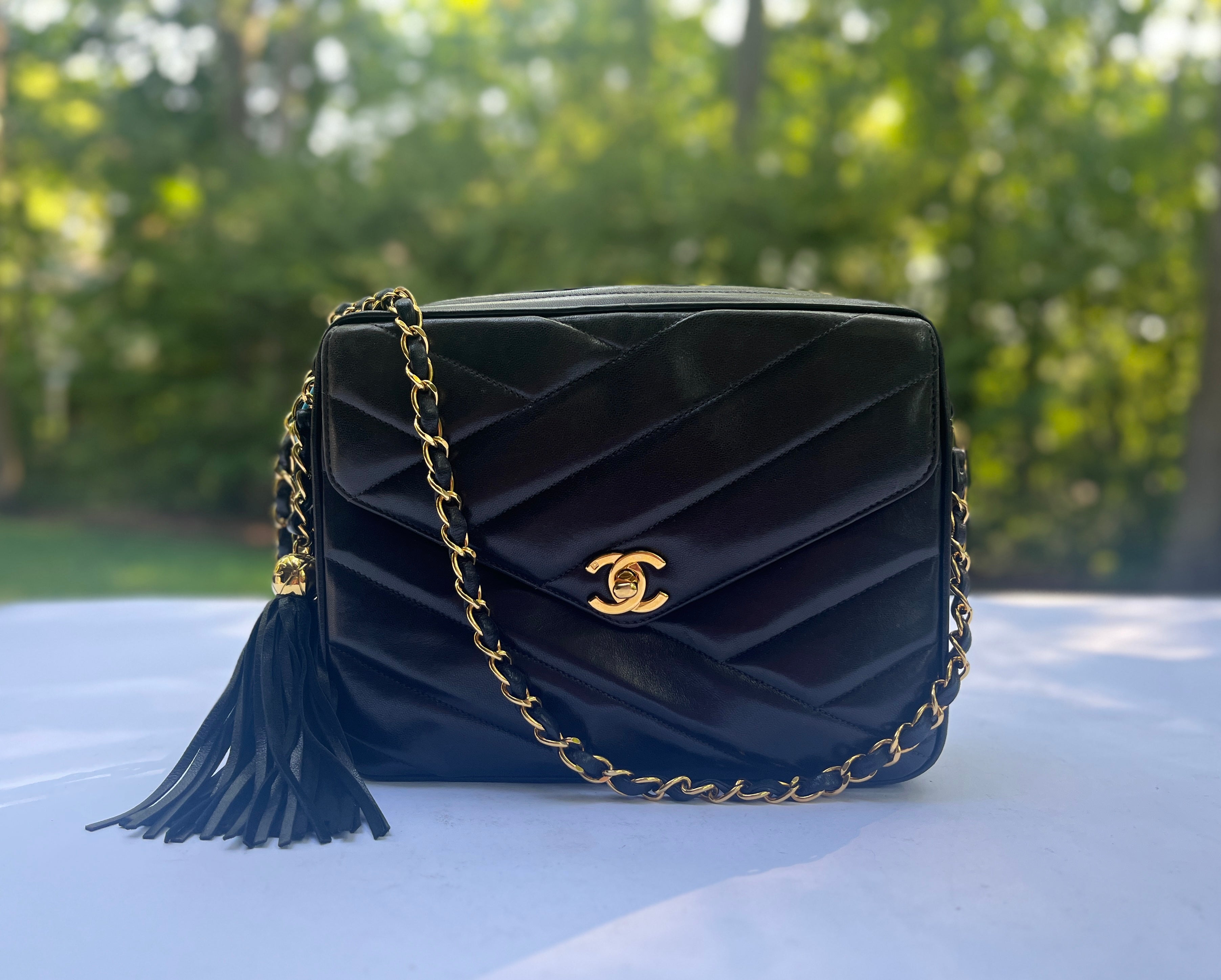 Chanel Navy Blue Pebbled Leather Front Pocket Tote Bag - Yoogi's
