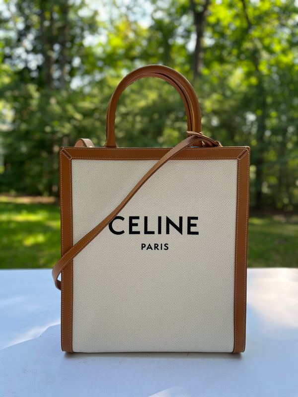 Celine Canvas Vertical Tote in Natural with Tan Trim