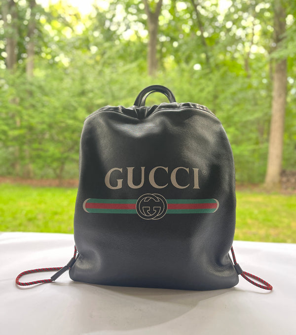 Gucci Calfskin Leather Printed Logo Drawstring