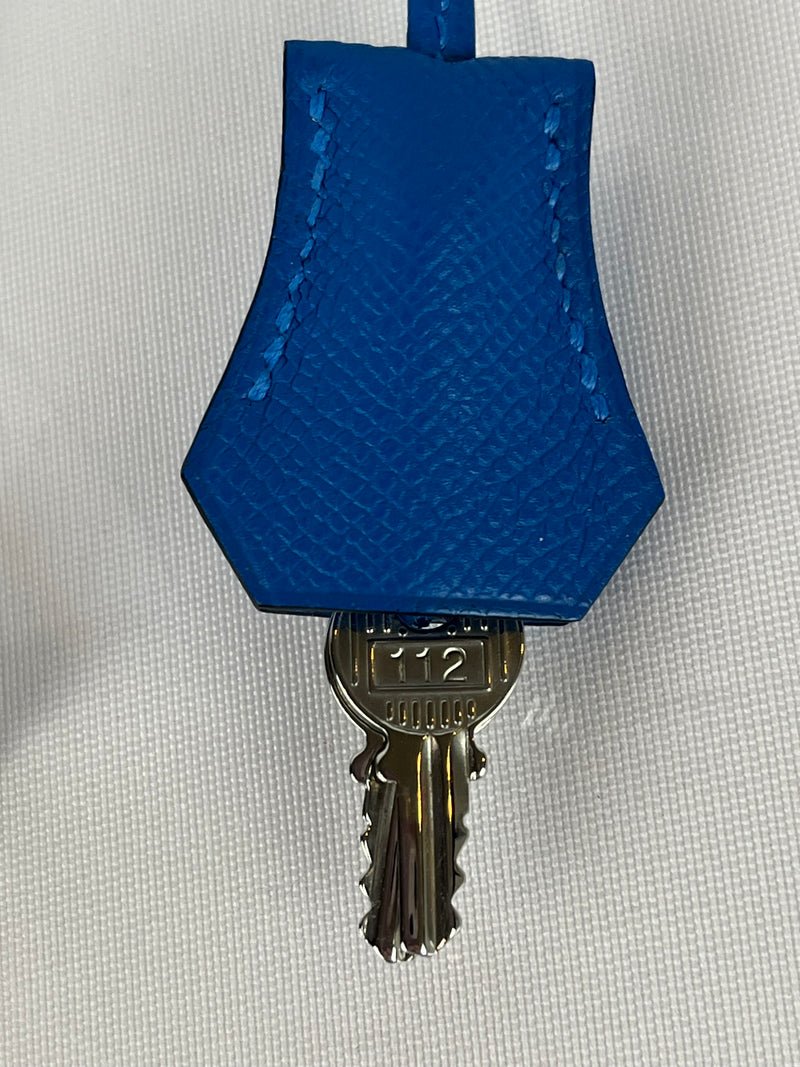 Hermes Epsom Leather Clochette, Palladium Lock with Two Keys in Blue