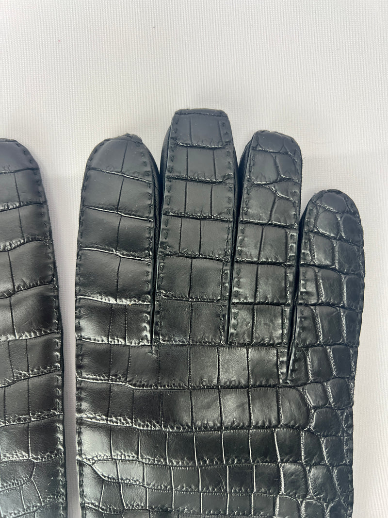 Hermes Crocodile/Lambskin Leather Gloves Mens 8.5 in Matte Black and Cashmere Interior