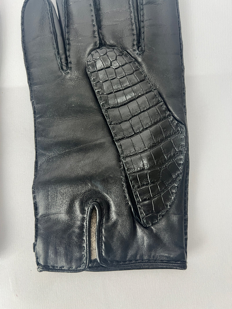 Hermes Crocodile/Lambskin Leather Gloves Mens 8.5 in Matte Black and Cashmere Interior