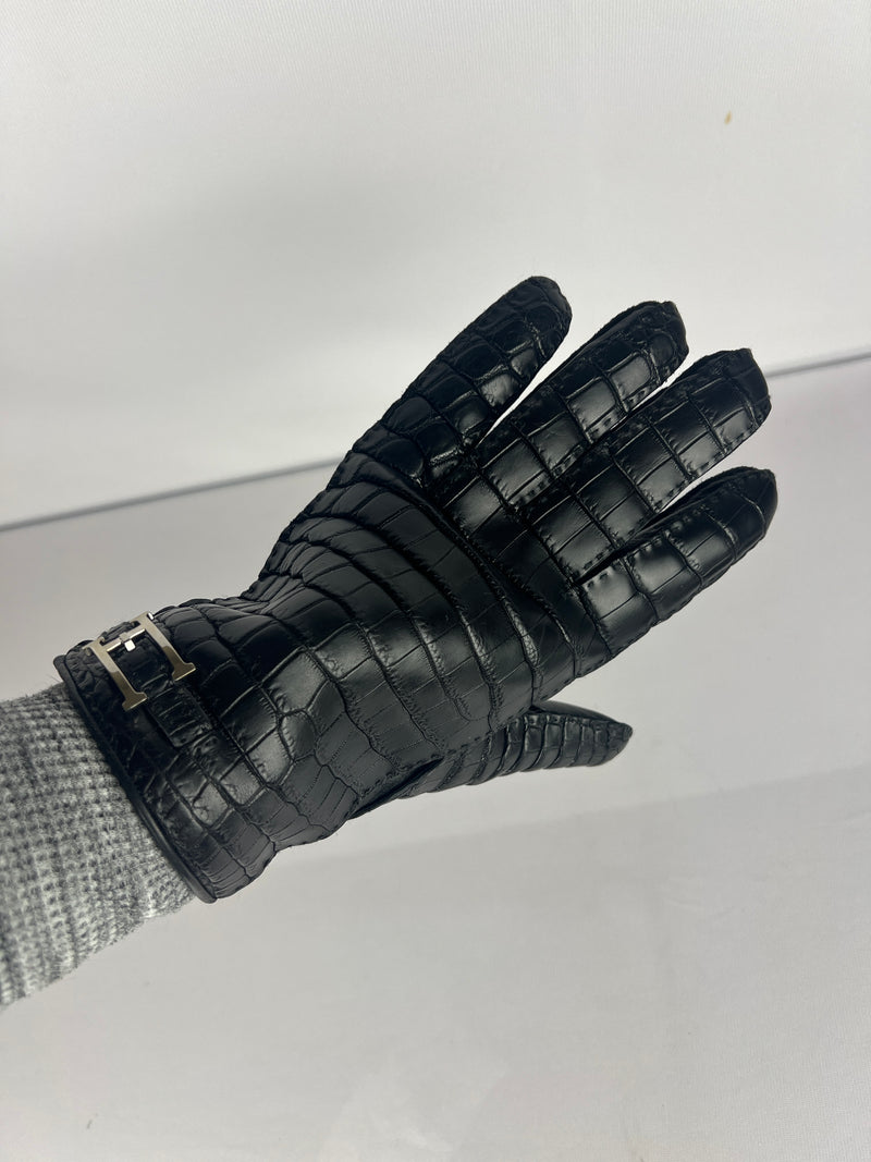 Hermes Crocodile/Lambskin Leather Gloves Mens 8.5 in Matte Black and Cashmere Interior