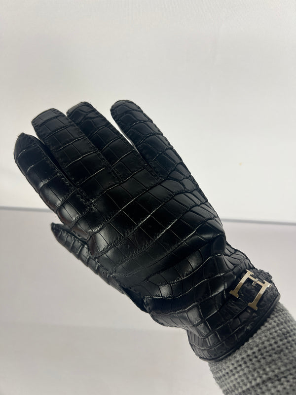 Hermes Crocodile/Lambskin Leather Gloves Mens 8.5 in Matte Black and Cashmere Interior