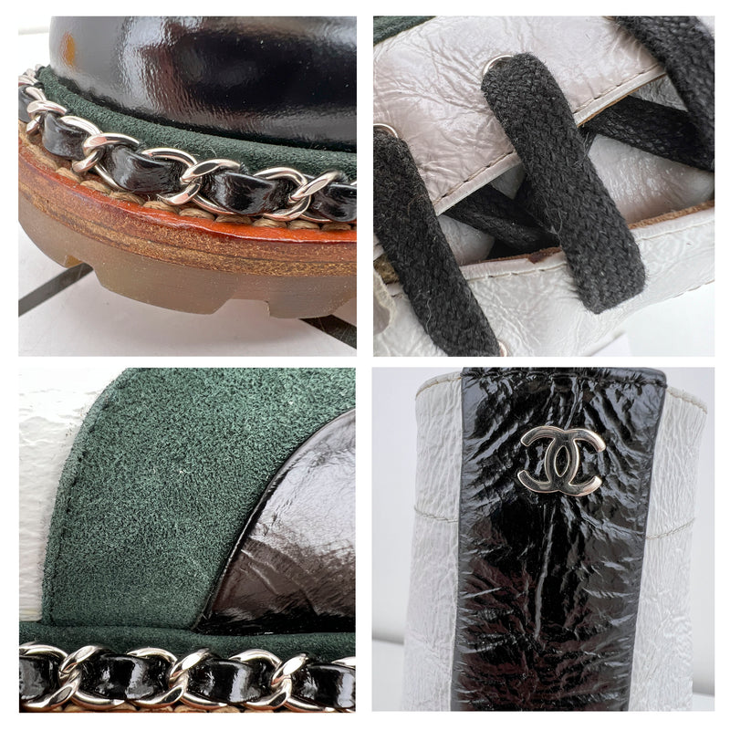 Chanel Leather Chain Around Lace Up Combat Boots in White and Black Size 37.5