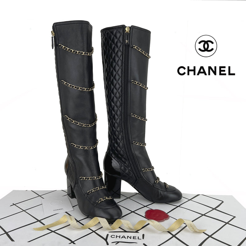 Chanel Patent Leather Heel Chain Boots