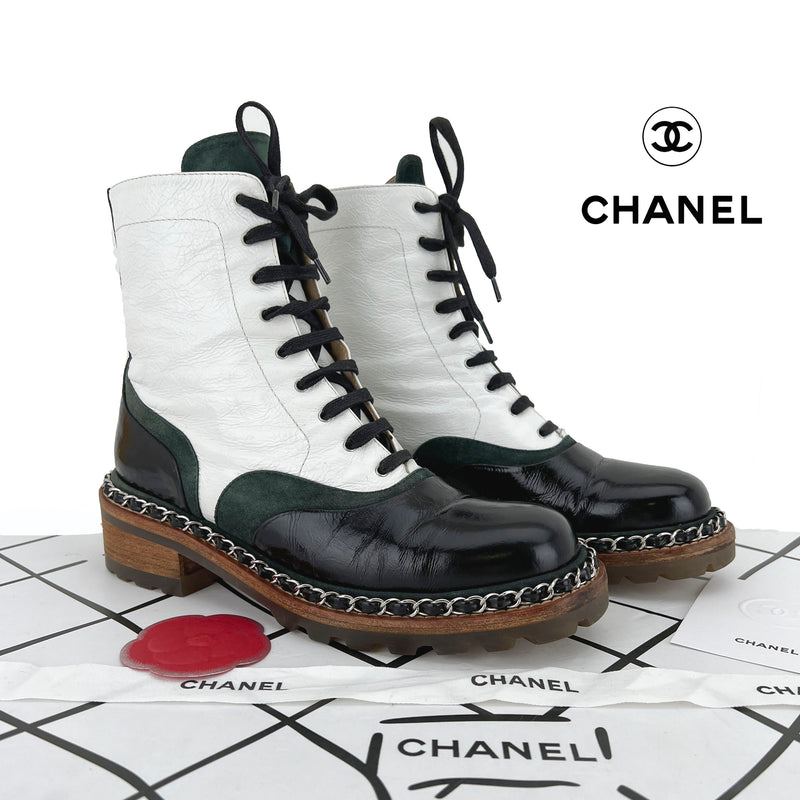 Chanel Leather Lace Up Boots  Leather and lace, Chanel combat