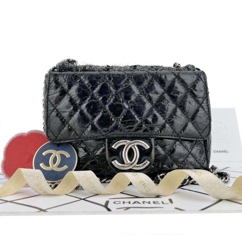 Chanel Crinkled Calfskin Leather and Tweed Classic Flap in Black