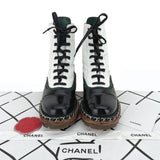Chanel Leather Chain Around Lace Up Combat Boots in White and Black Size 37.5