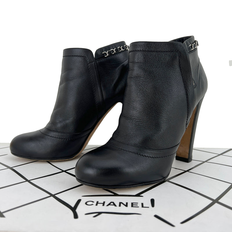 Chanel Lambskin Leather Chain Ankle Heel Boots in Black Size 41C