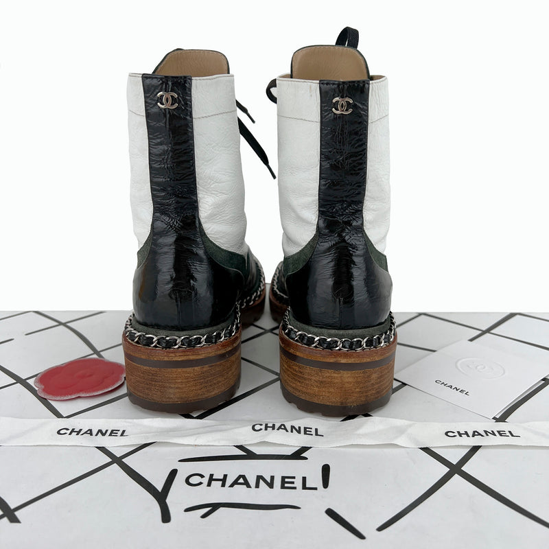 Chanel Leather Chain Around Lace Up Combat Boots in White and Black Size 37.5