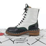 Chanel Leather Chain Around Lace Up Combat Boots in White and Black Size 37.5