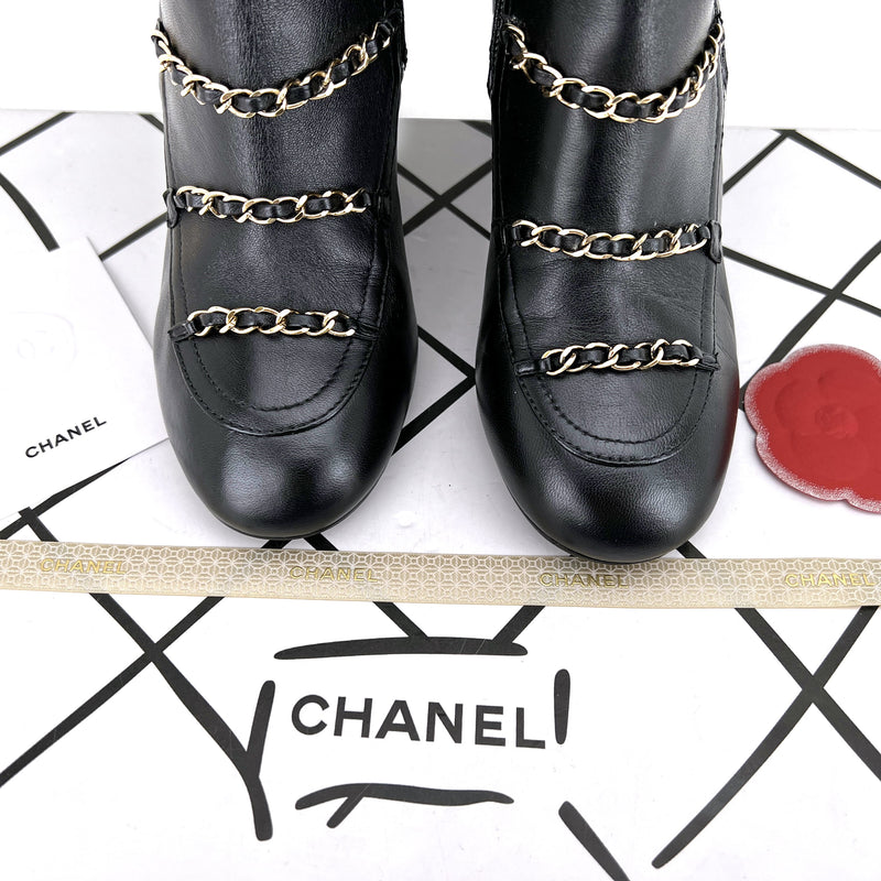 Chanel - Silver Chain Black Leather Ankle Boots 38C