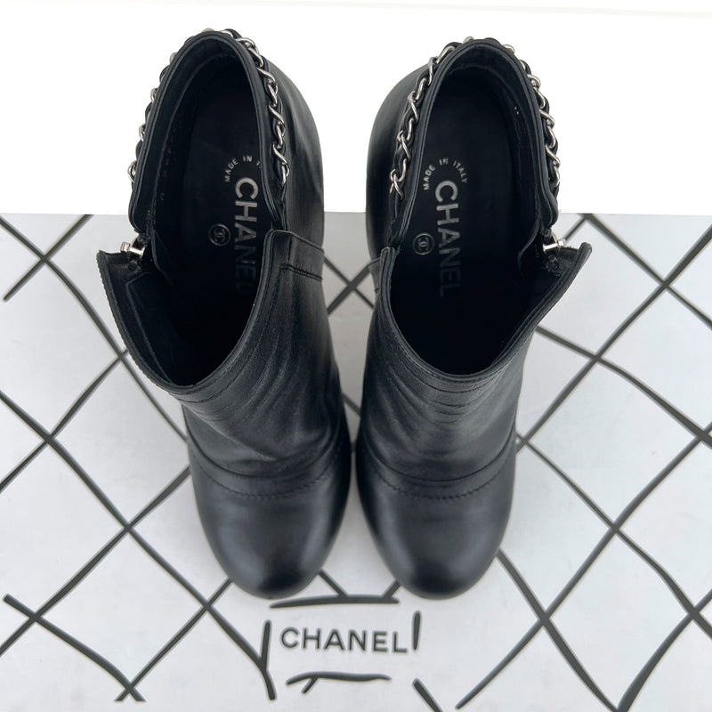 Chanel Lambskin Leather Chain Ankle Heel Boots in Black Size 41C