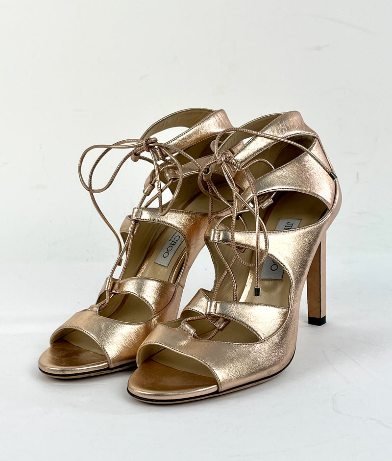 Jimmy Choo Leather Blake Sandal Heels in Rose Gold Metallic Size 9/39.5