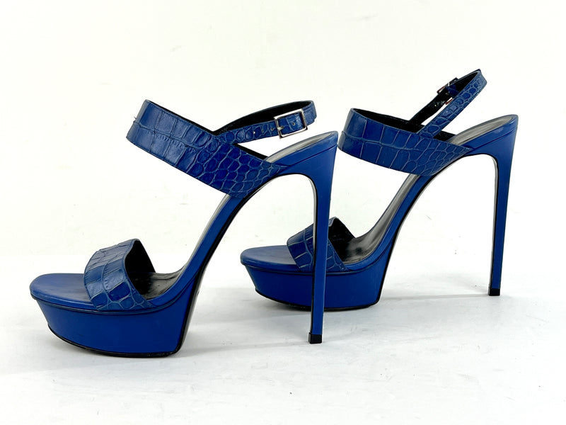 Saint Laurent Crocodile Leather Platform Heels in Blue Size 39.5/9