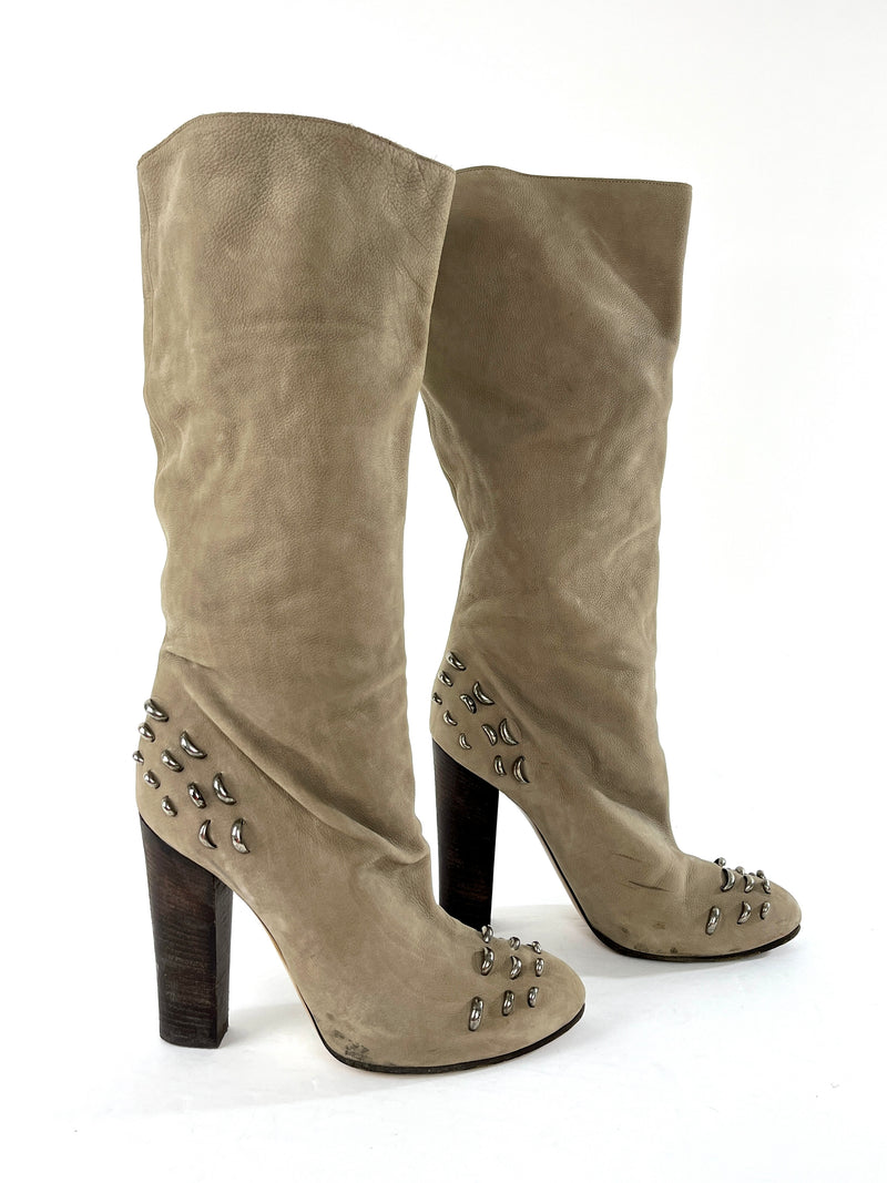 Chloe Suede Studded Boots in Beige Size 39/8.5