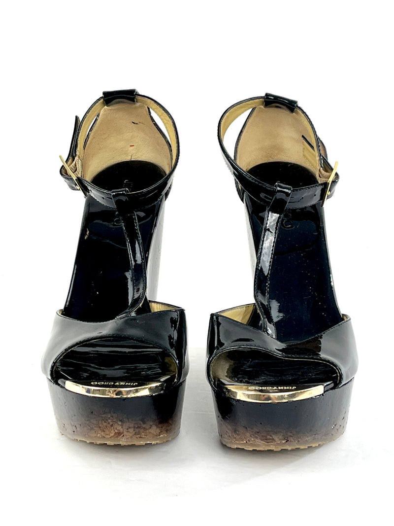 Jimmy Choo Patent Leather Wedge Platform T Strap Sandals in Black Size 39.5/9
