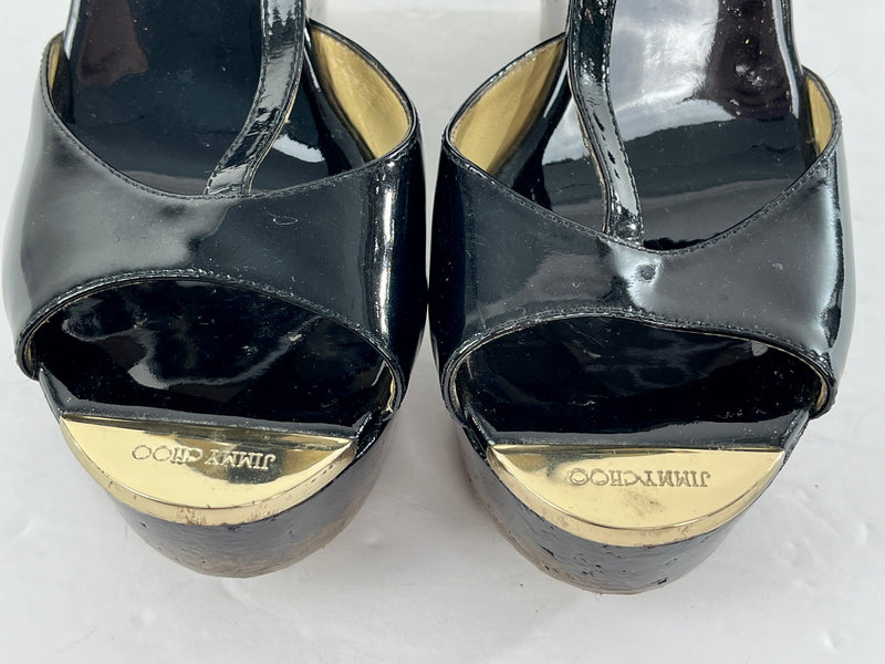 Jimmy Choo Patent Leather Wedge Platform T Strap Sandals in Black Size 39.5/9