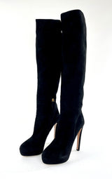 PRADA Suede Knee High Heeled Boots in Black Size 41/10.5