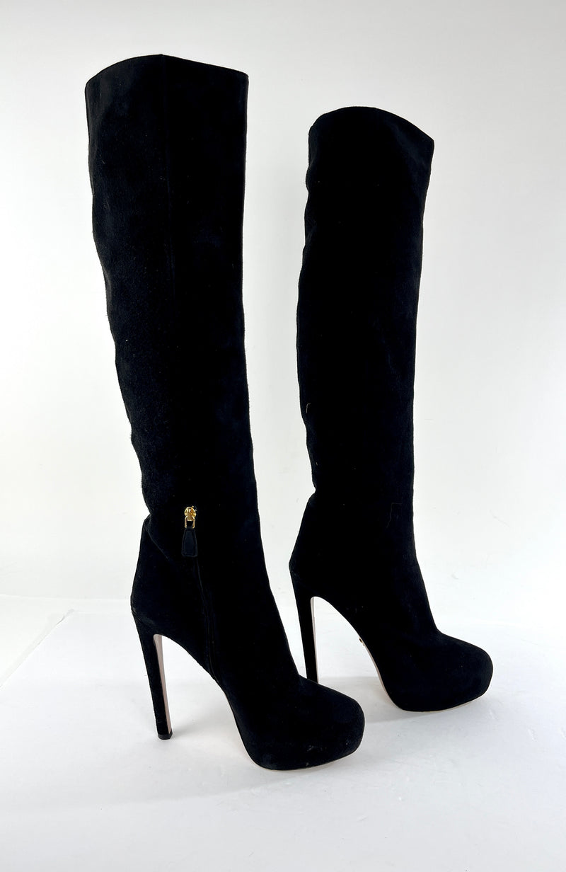 PRADA Suede Knee High Heeled Boots in Black Size 41/10.5