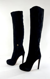 PRADA Suede Knee High Heeled Boots in Black Size 41/10.5