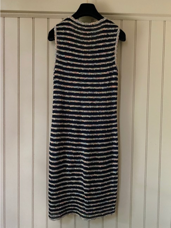 Chanel Fitted Striped Tweed Sleeveless V Neck Slip on Dress