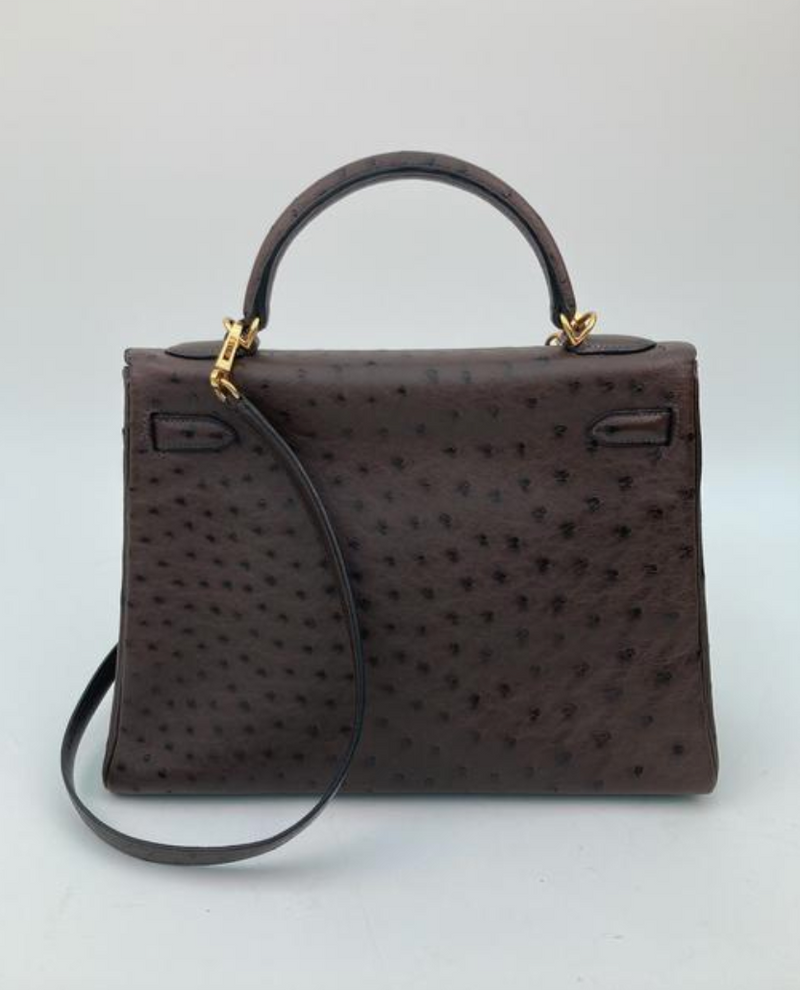 Hermes Ostrich Skin Kelly 32 with GHW in Marron Fonce