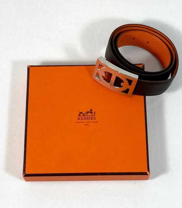 Hermes Reversible Pebbled Leather Belt Horse Bit Buckle in Brown and Orange