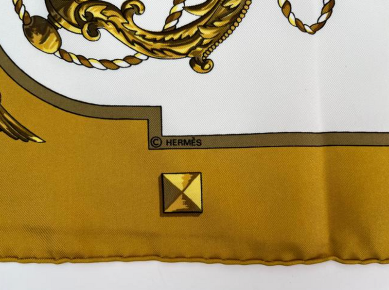 Hermes 100% Silk Scarf "LES CLES" in Yellow and Brown 90 cm