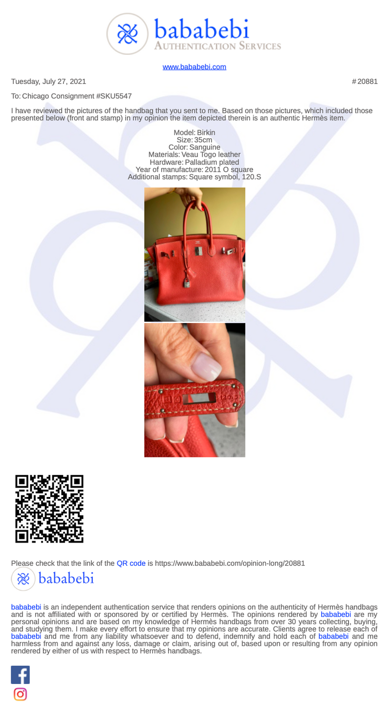 Hermes Veau Togo Leather Birkin 35 with Palladium HW in Red or (Sanguine)
