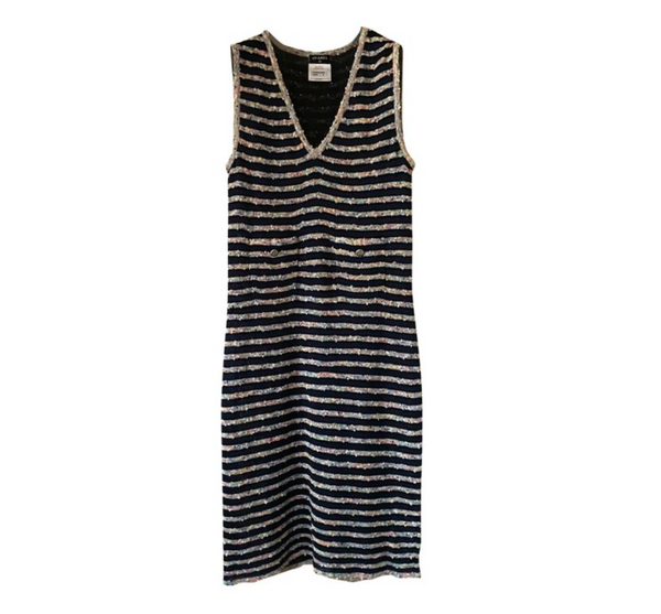 Chanel Fitted Striped Tweed Sleeveless V Neck Slip on Dress