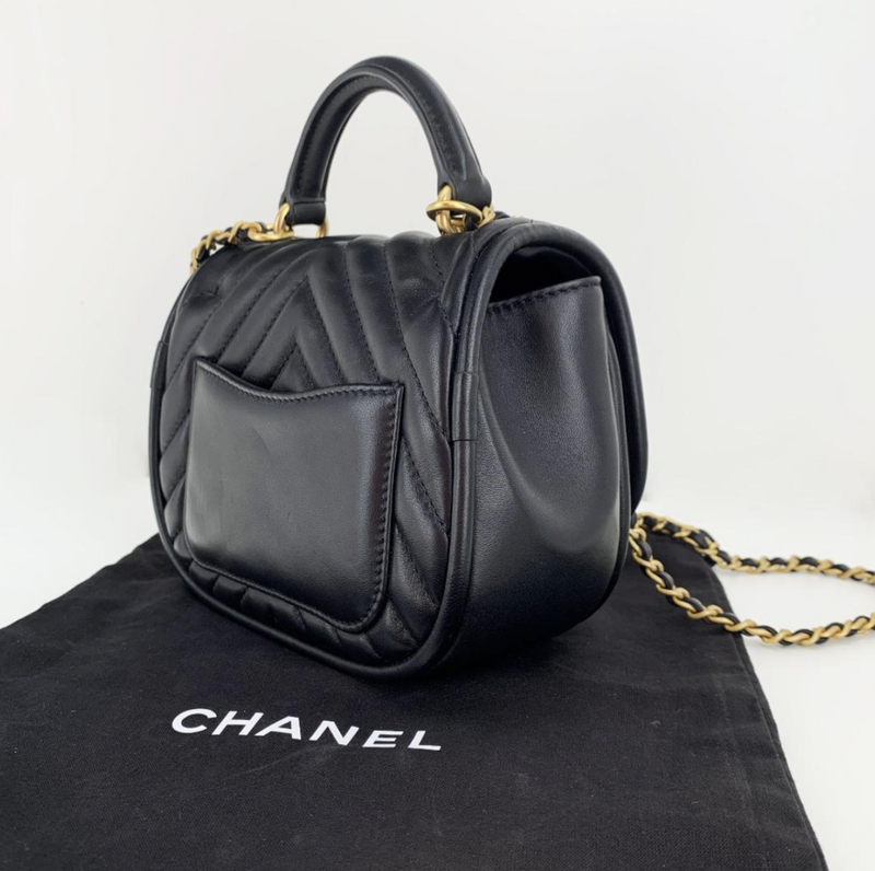 Chanel Quilted Lambskin Chevron One Flap Top Handle in Black