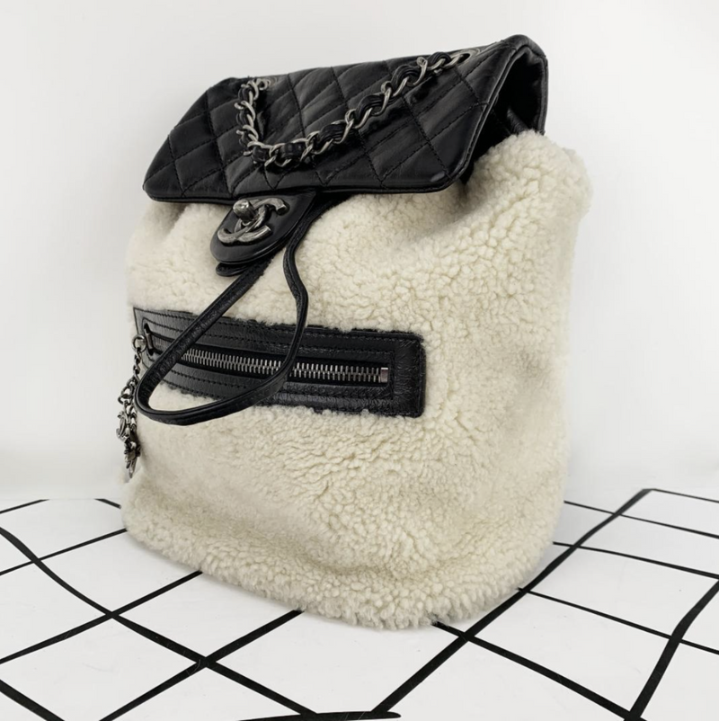 Chanel Quilted Lambskin/Shearling Wool Paris-Salzburg Mountain Small Backpack in Black/White