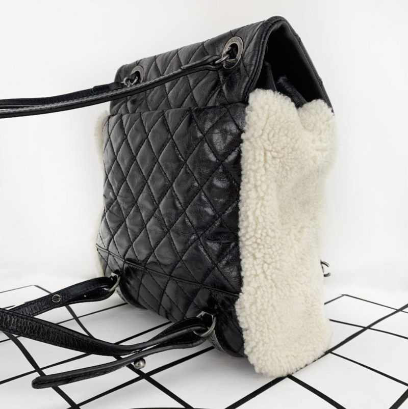Chanel Quilted Lambskin/Shearling Wool Paris-Salzburg Mountain Small Backpack in Black/White