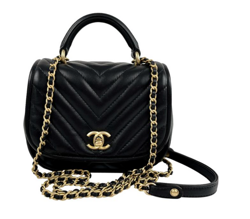 Chanel Quilted Lambskin Chevron One Flap Top Handle in Black with Gold HW