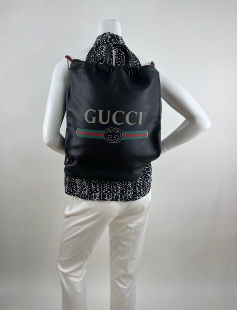 Gucci Calfskin Leather Printed Logo Drawstring