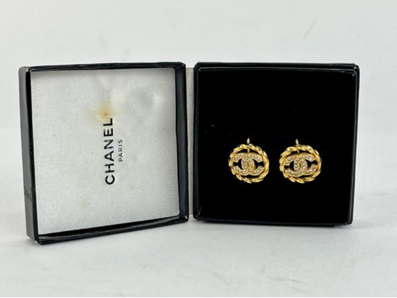 Chanel CC Rhinestone Clip on Earrings in Gold