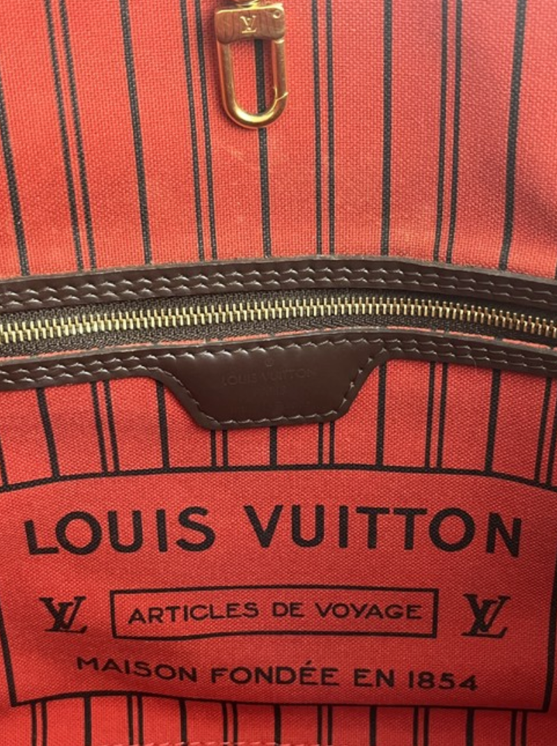 LOUIS VUITTON Neverfull MM Damier Ebene Bag Red Interior