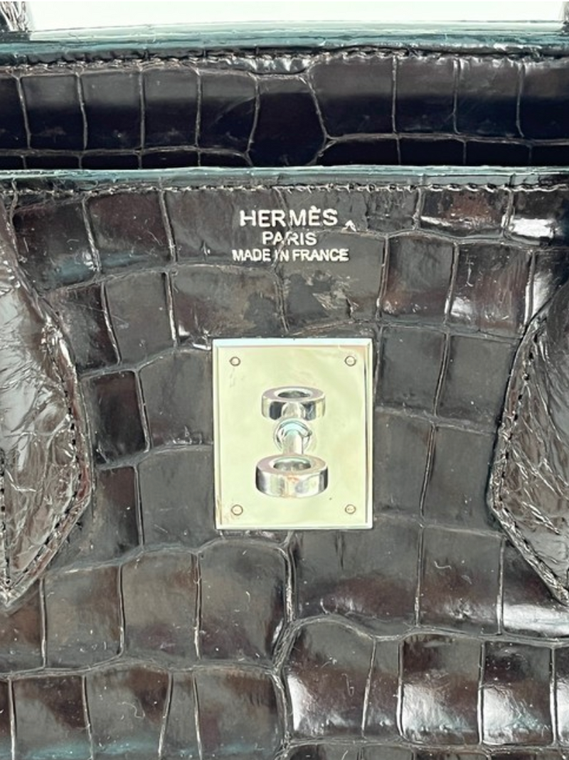 Hermes Shiny Porosus Crocodile Skin Birkin 35 W Palladium HW in Havane or Brown